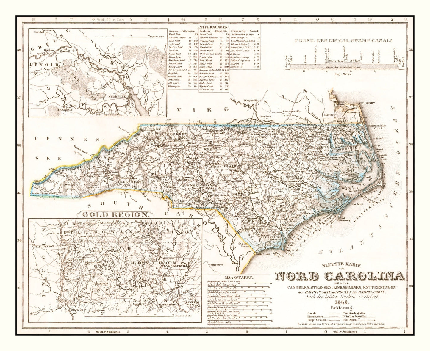Vintage Map of North Carolina, 1845