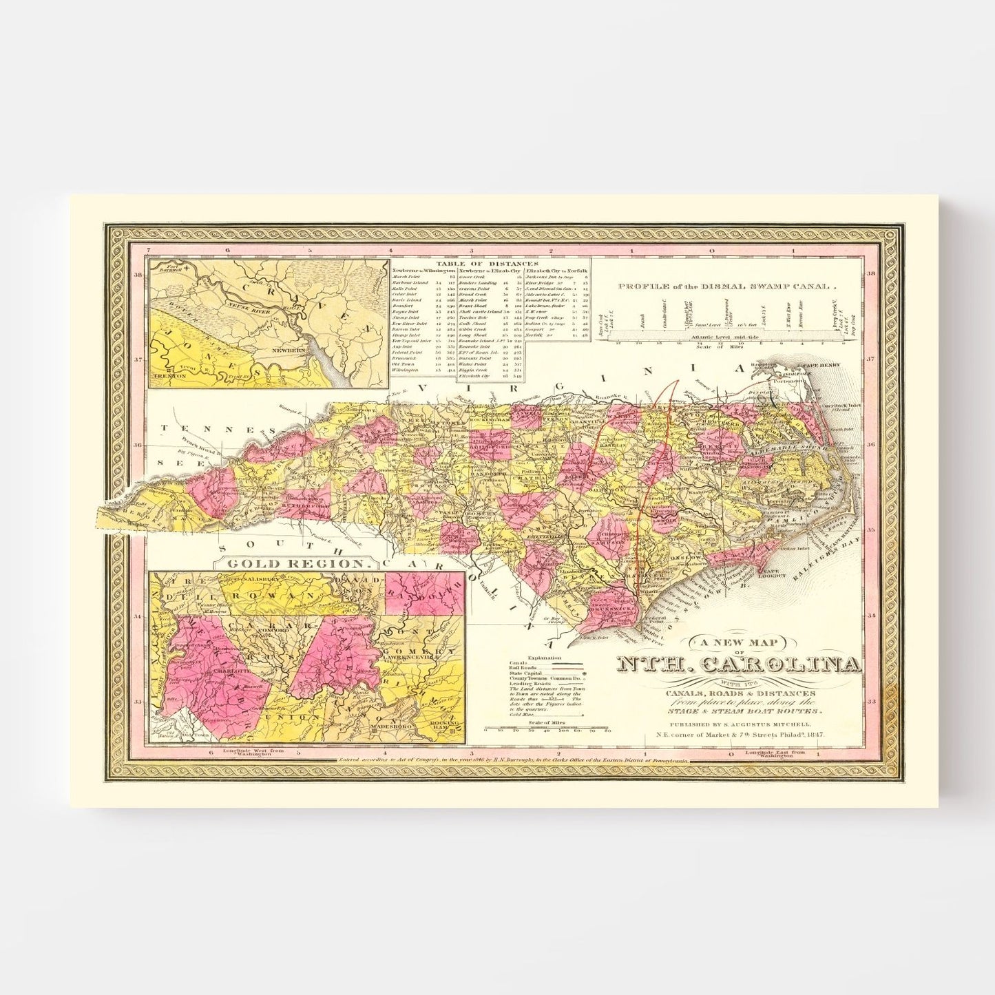 Vintage Map of North Carolina, 1847