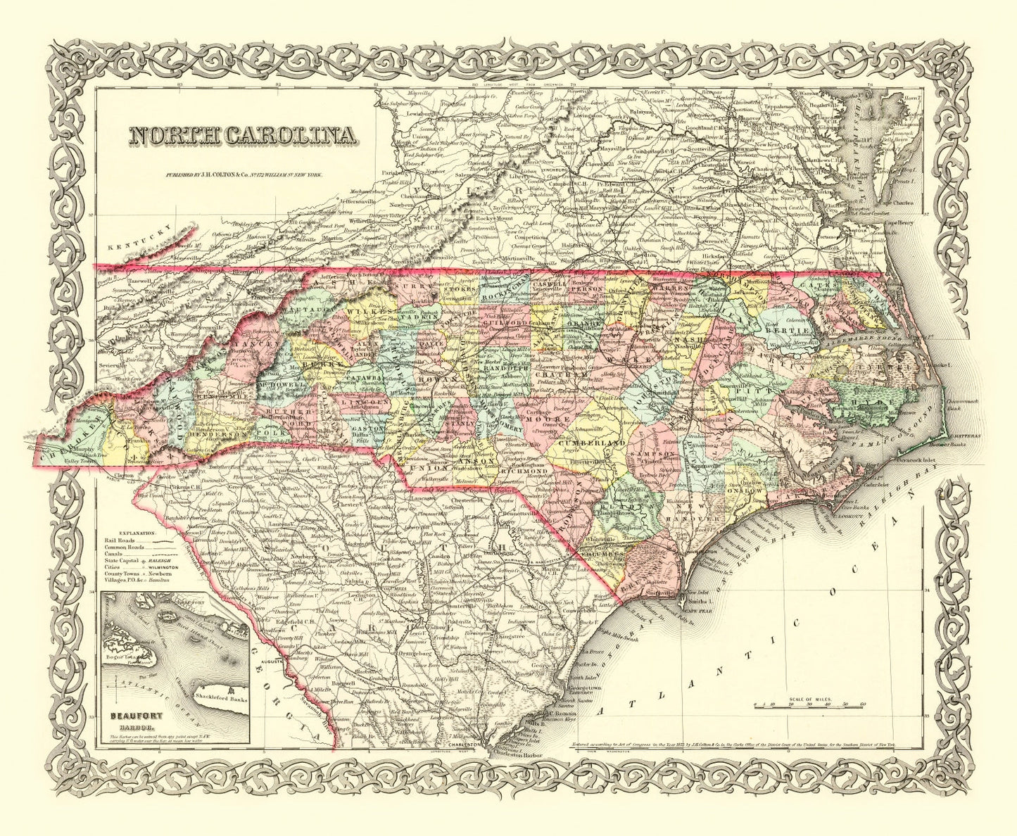 Vintage Map of North Carolina, 1856