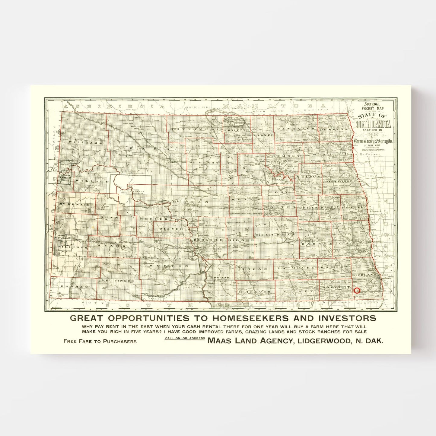 Vintage Map of North Dakota, 1902