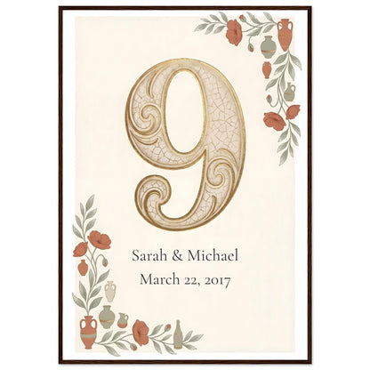 Personalized 9th Anniversary Wall Art - 70x100 cm / 28x40″ - Dark wood frame / Ready-to-hang - Sparkycare