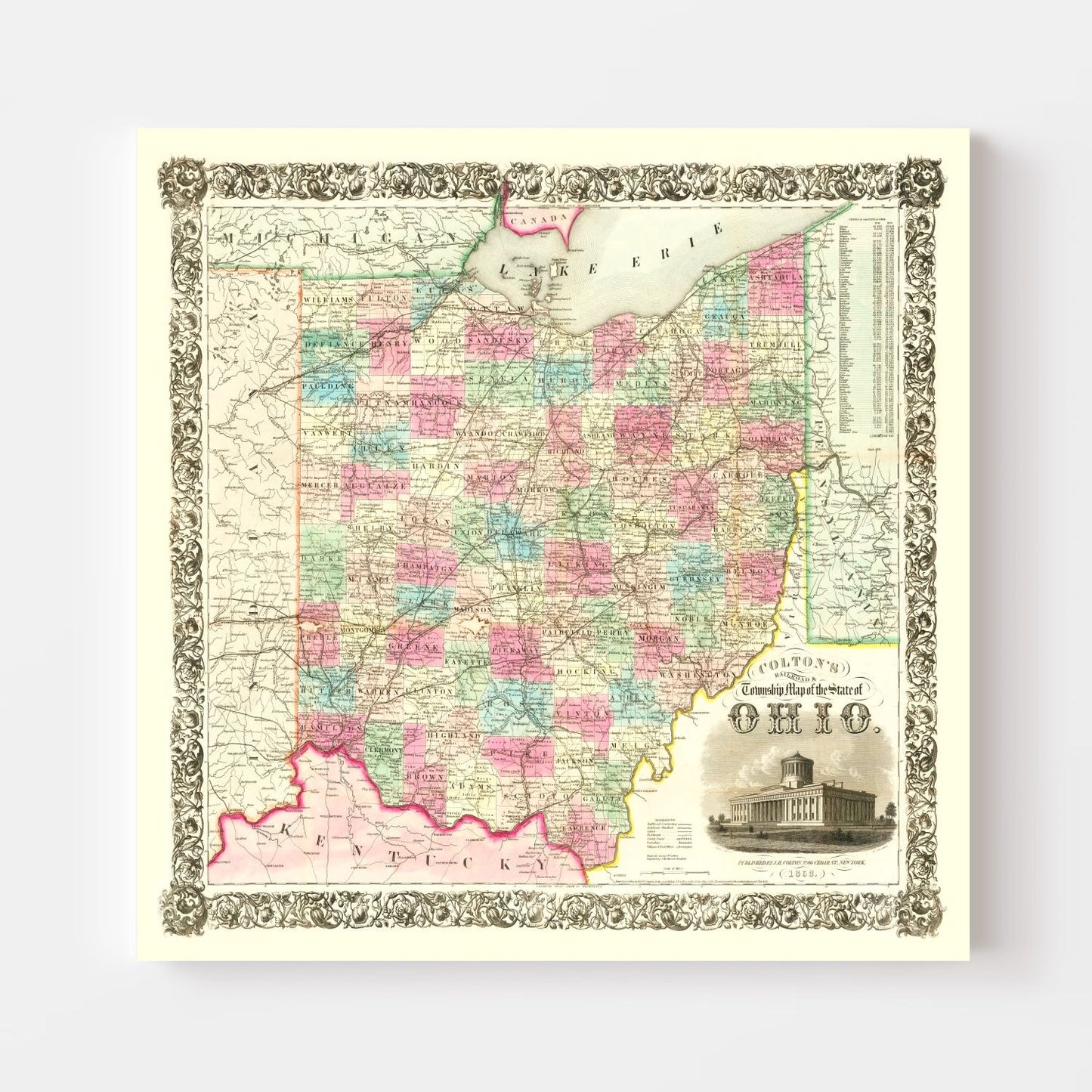 Vintage Railroad Map of Ohio, 1852
