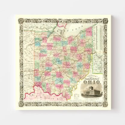 Vintage Railroad Map of Ohio, 1852