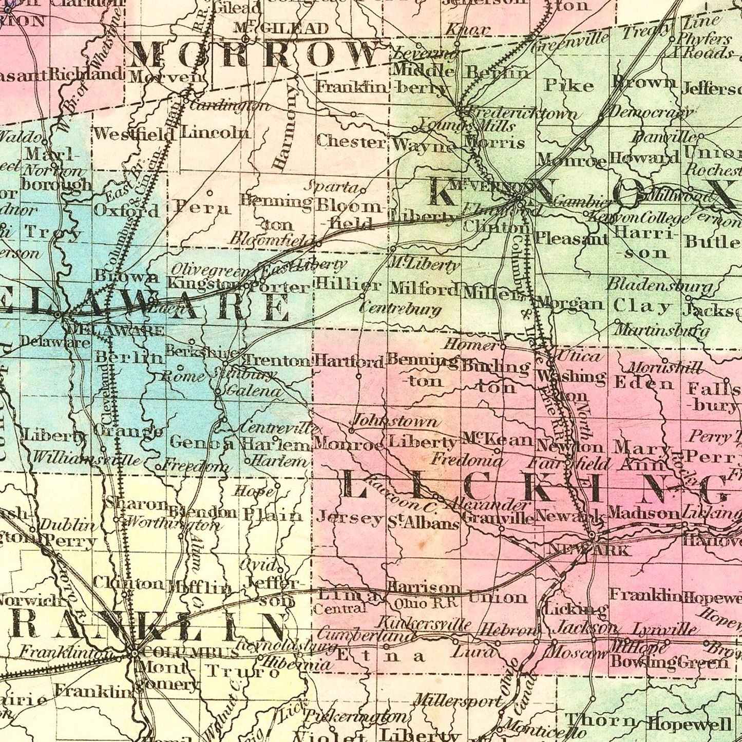 Vintage Railroad Map of Ohio, 1852