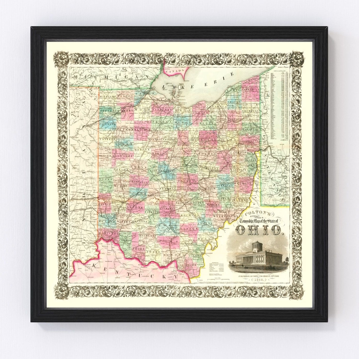 vintage railroad map of Ohio, 1852