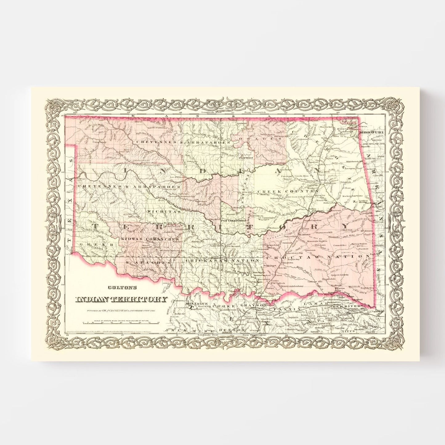 Vintage Map of Indian Territory, Oklahoma, 1872
