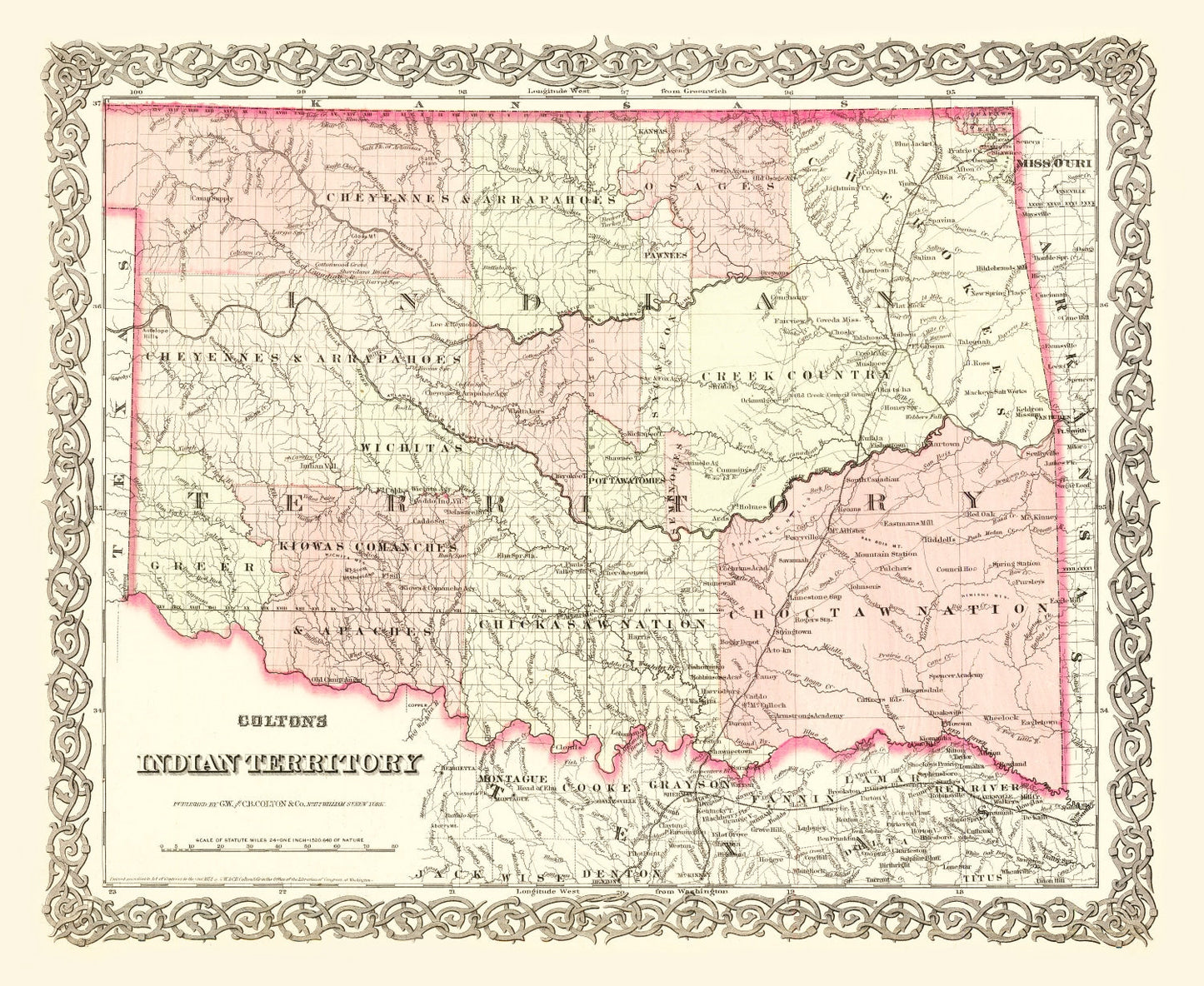 Vintage Map of Indian Territory, Oklahoma, 1872