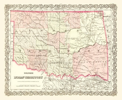 Vintage Map of Indian Territory, Oklahoma, 1872