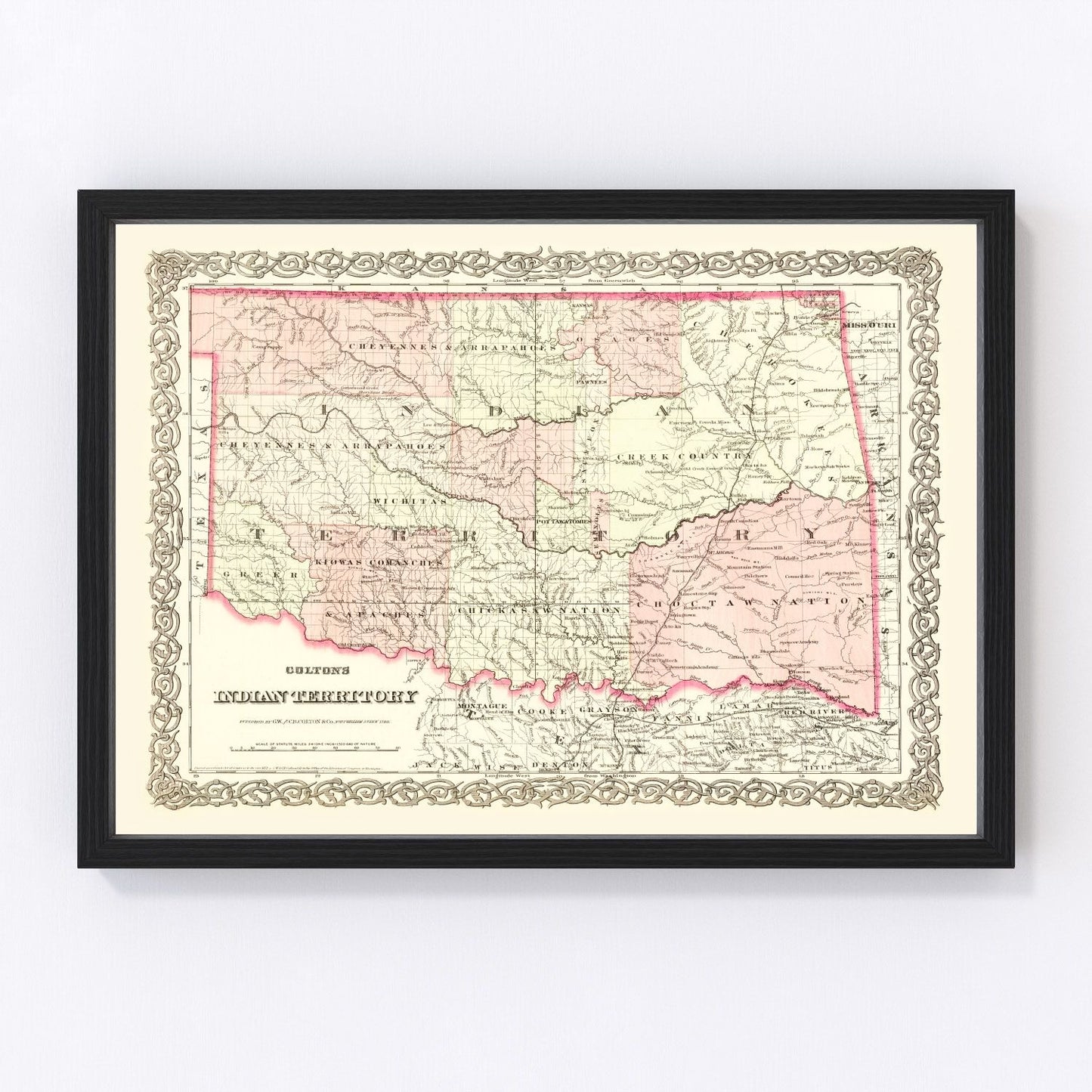Vintage map of Indian Territory, Oklahoma, 1872