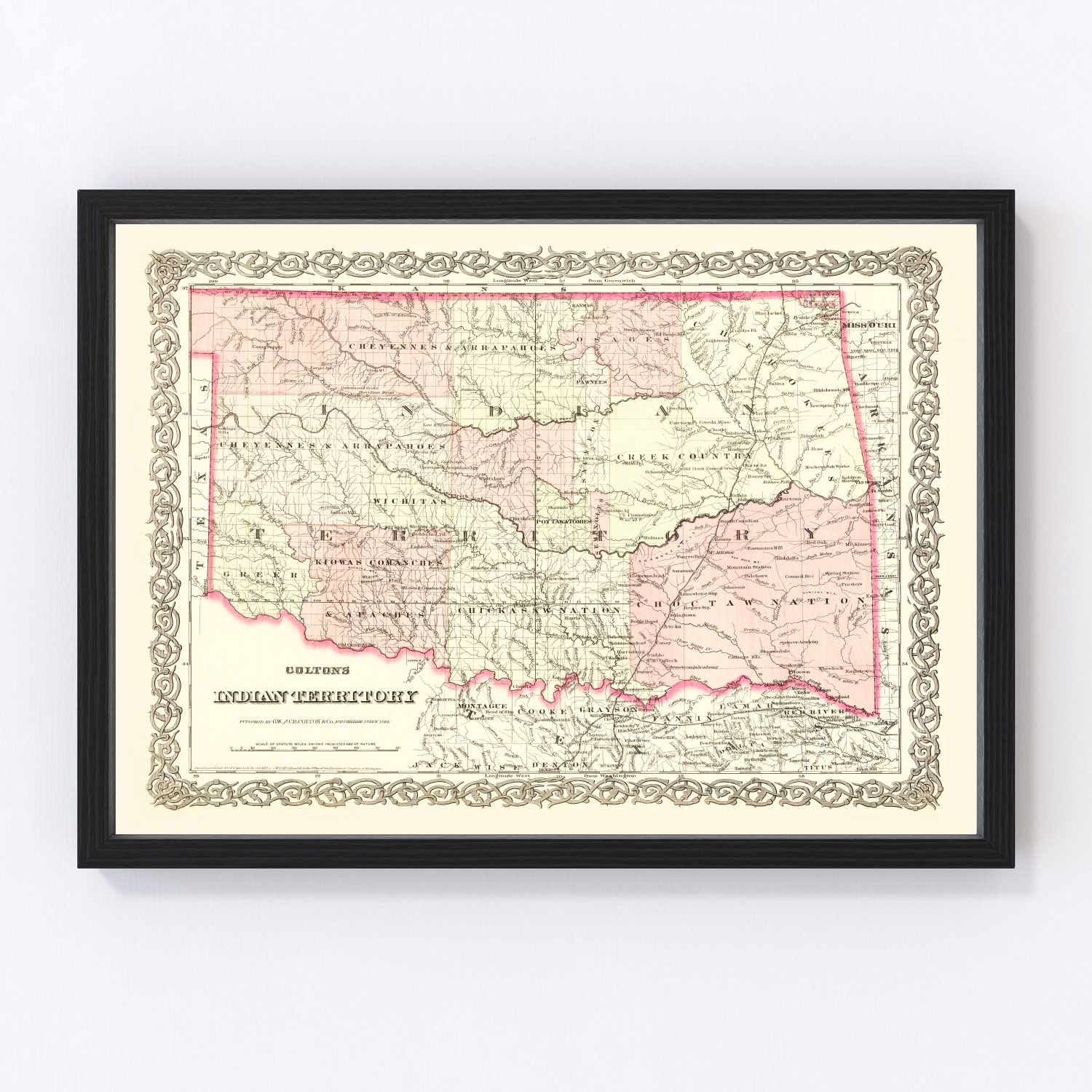 Vintage map of Indian Territory, Oklahoma, 1872