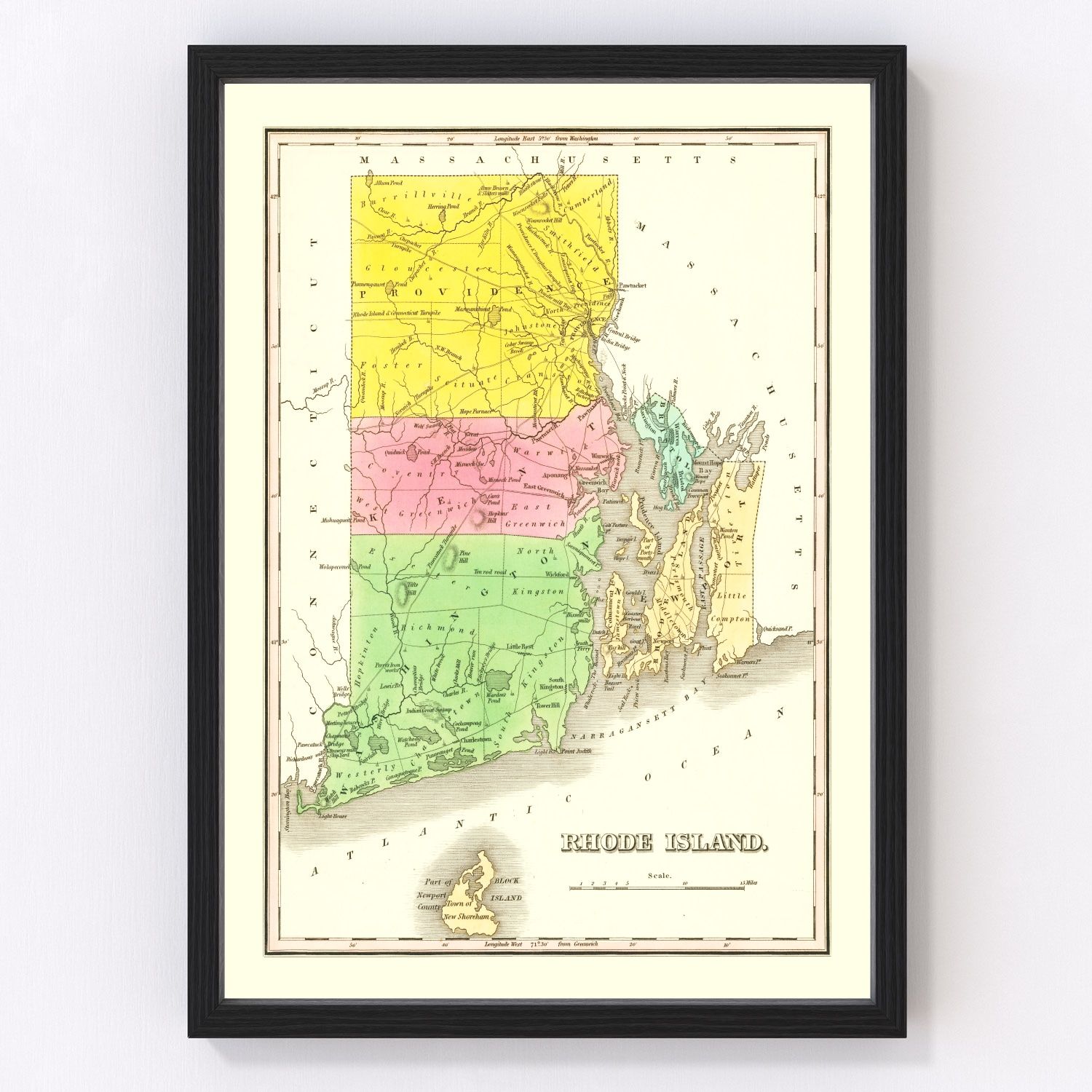 Vintage map of Rhode Island, 1838