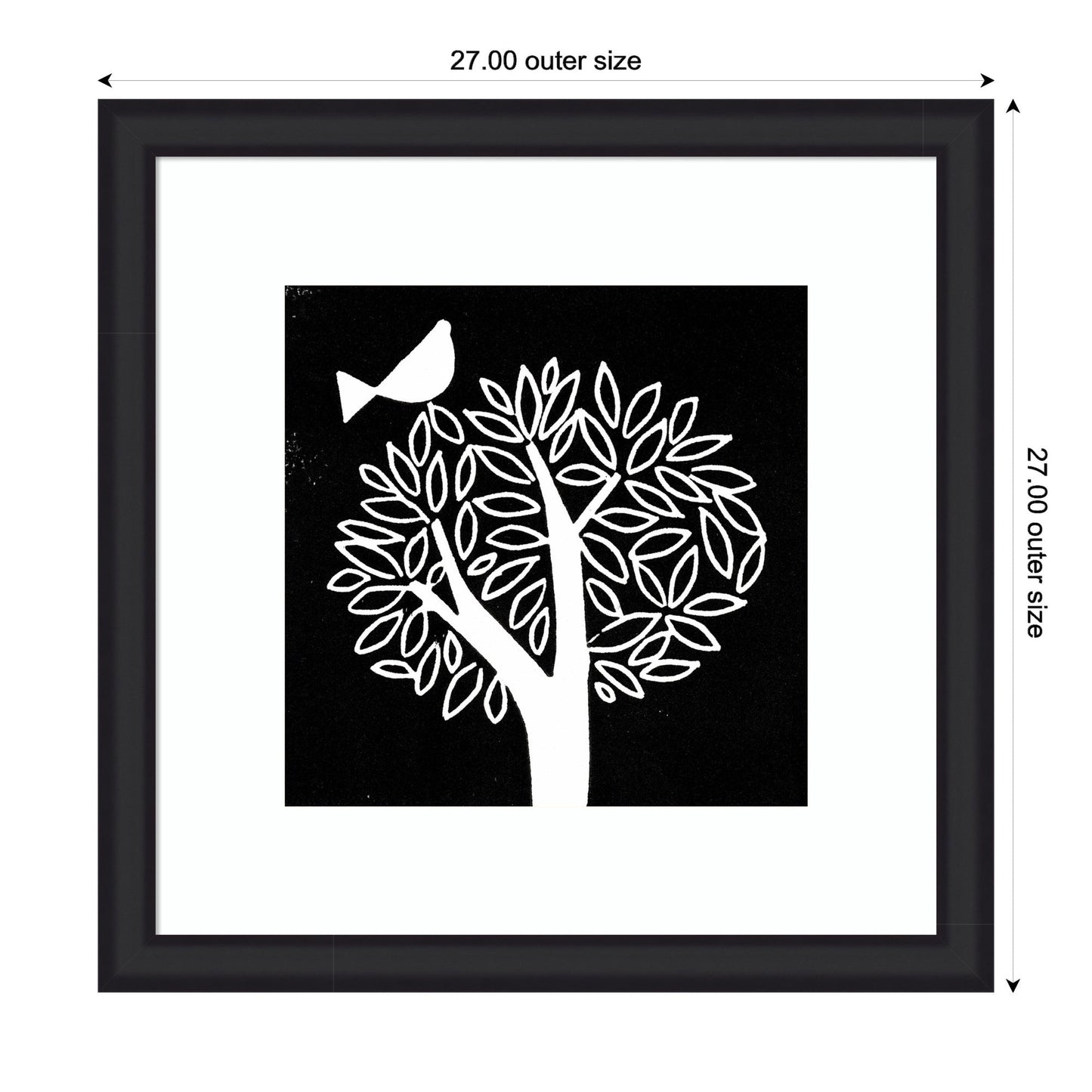 Black and White Bird Tree Linocut Framed Wall Art Print
