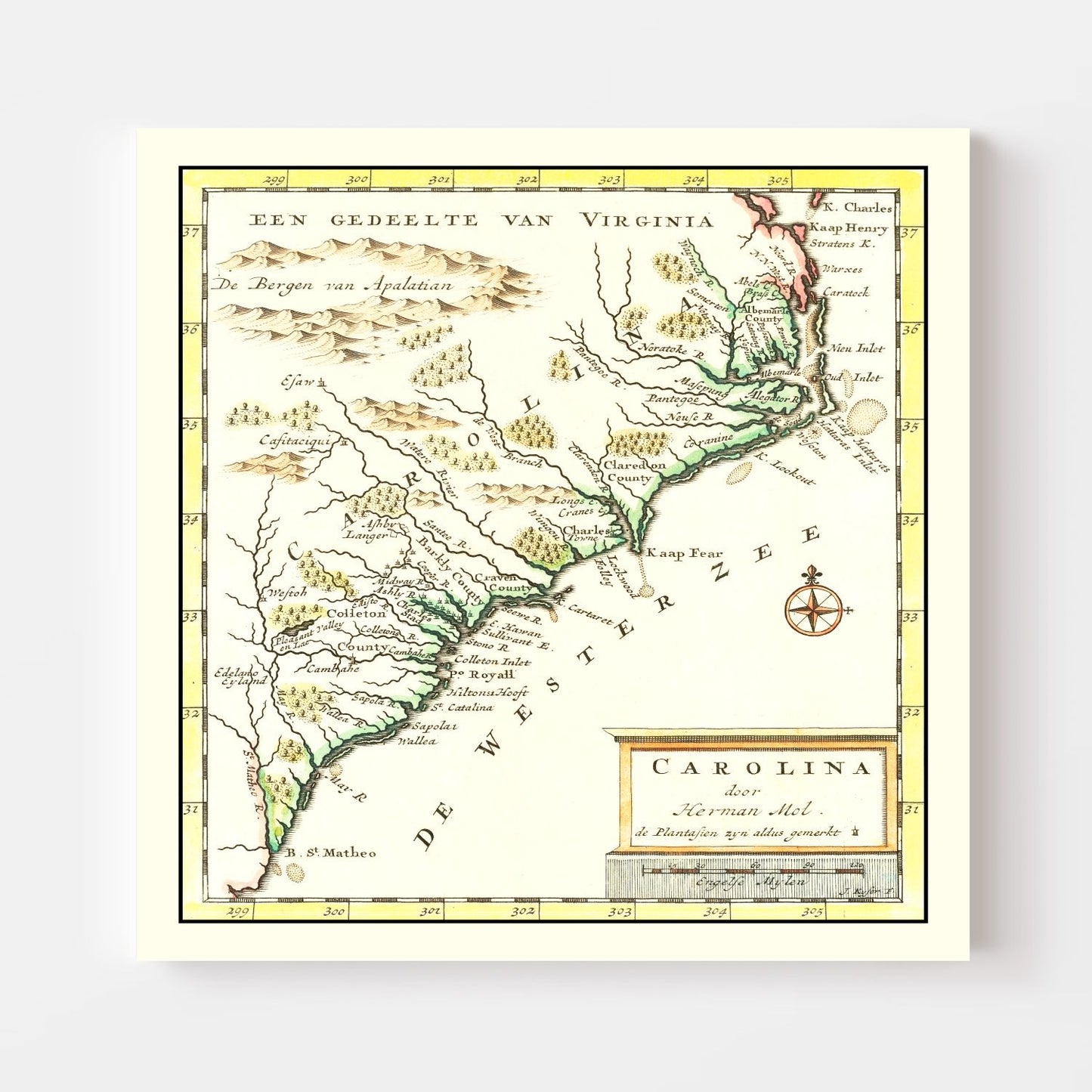 Vintage Map of South Carolina, 1721