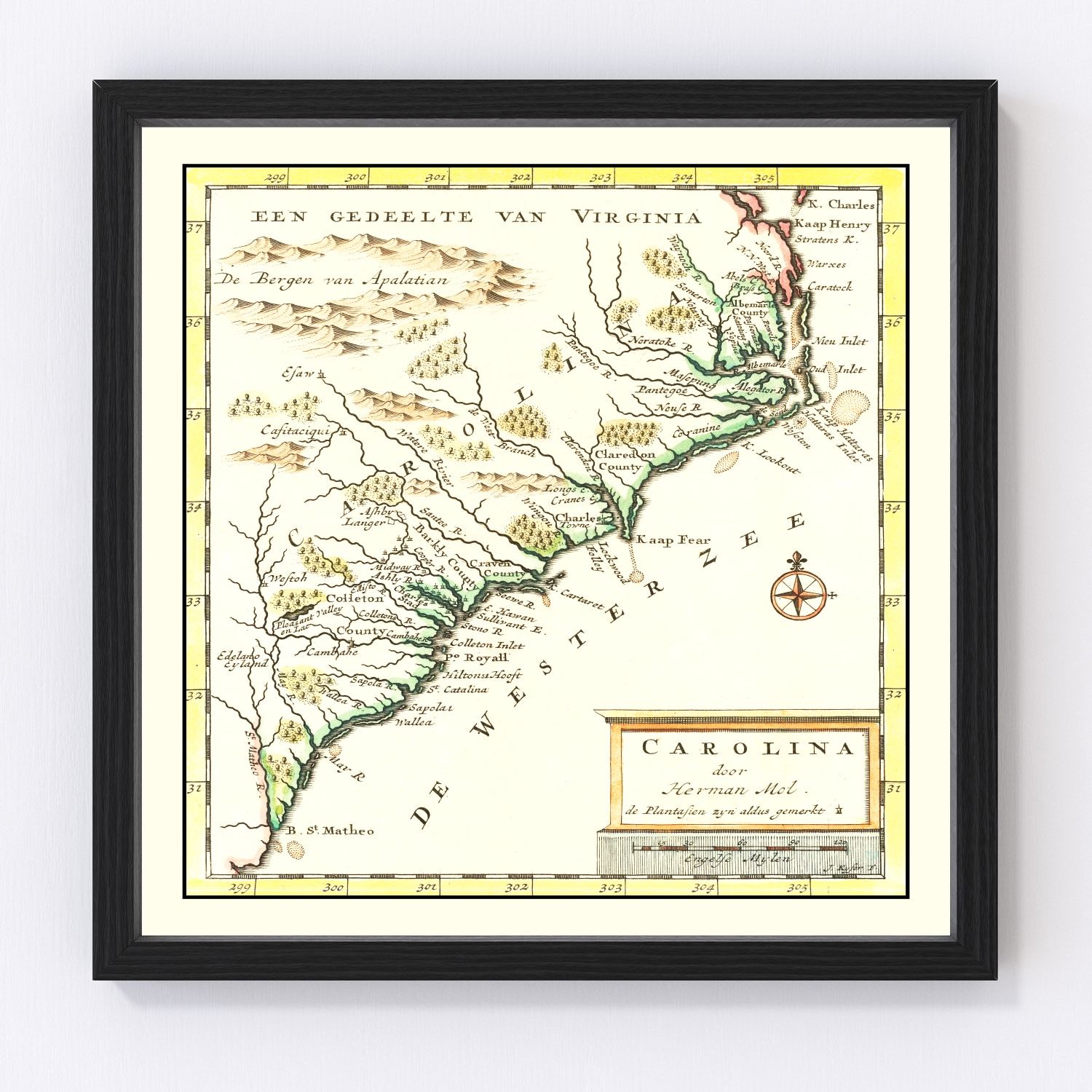 vintage map of South Carolina, 1721