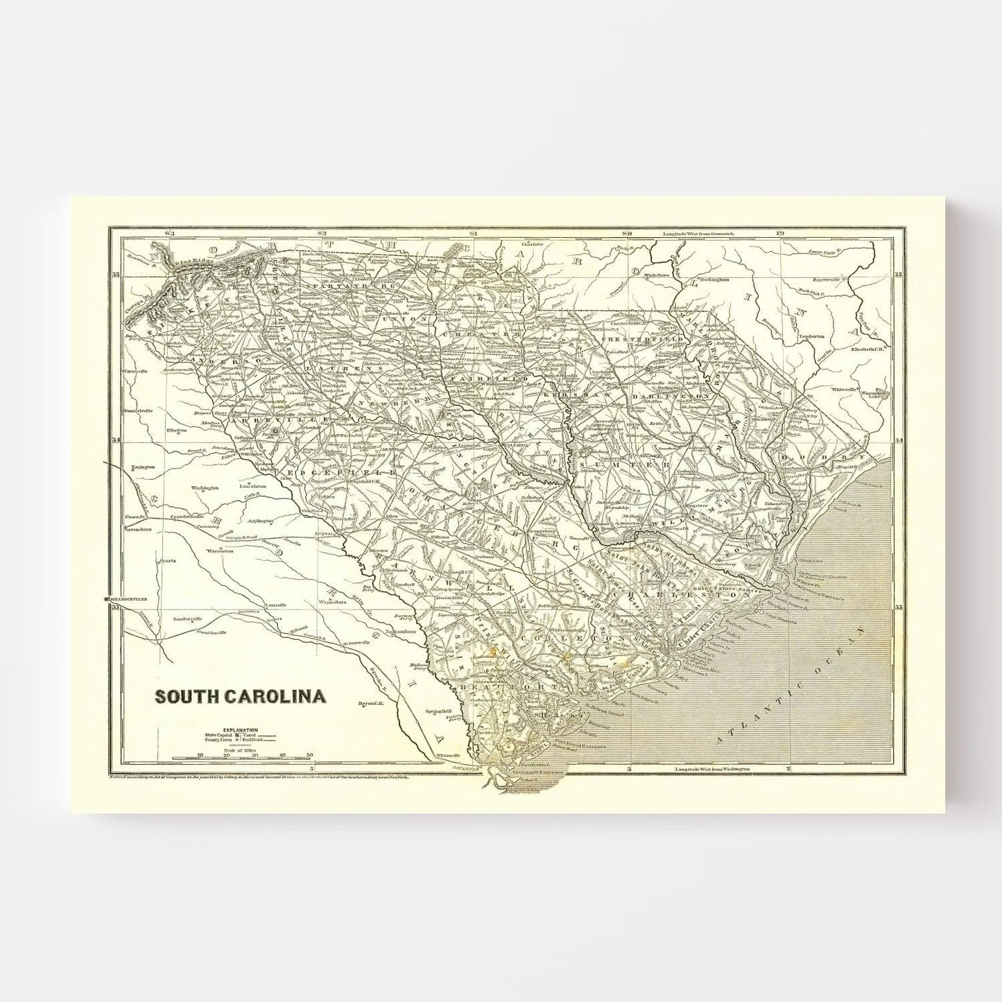 Vintage Map of South Carolina, 1843