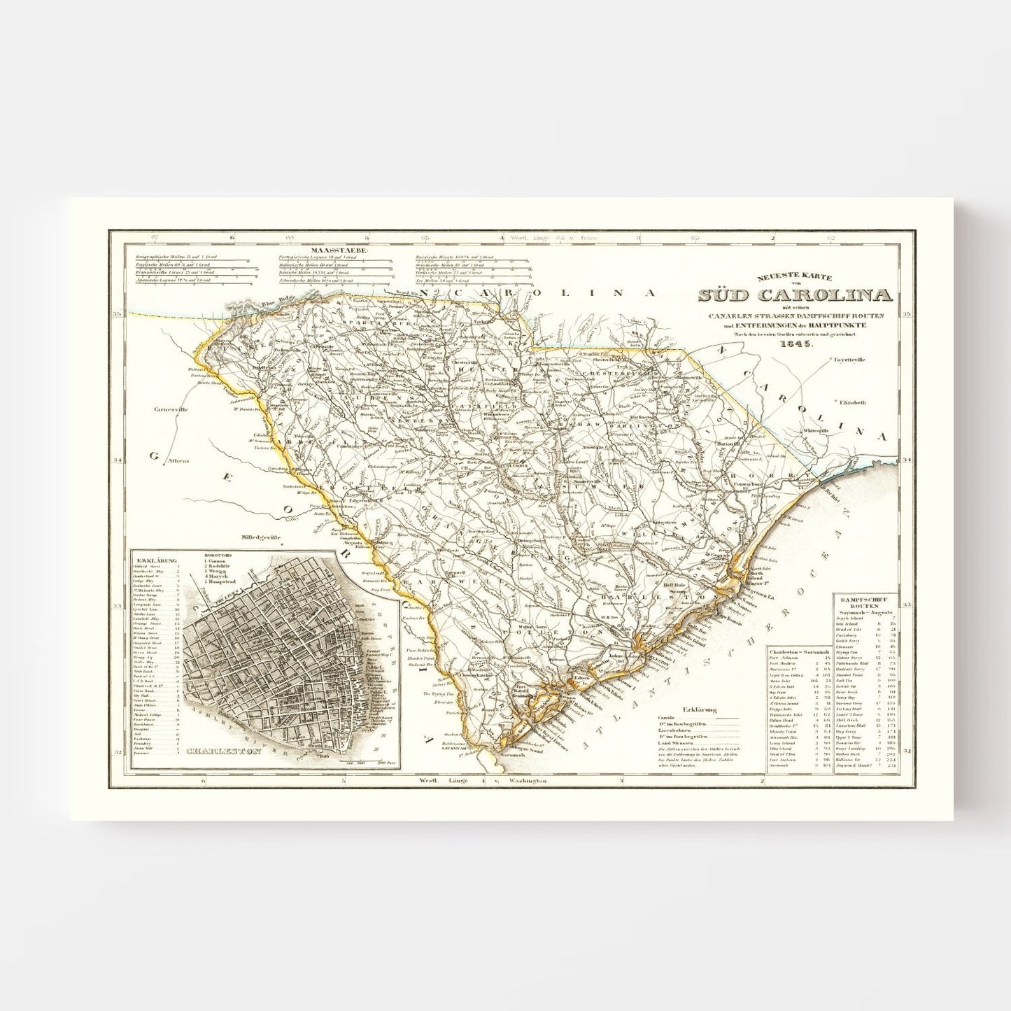 Vintage Map of South Carolina, 1845