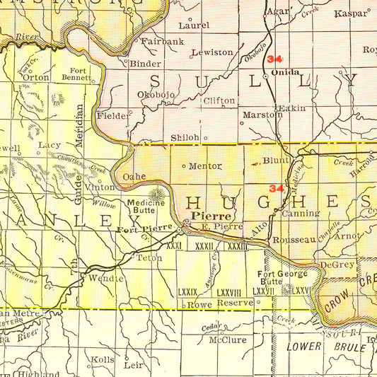 Vintage Map of South Dakota, 1917
