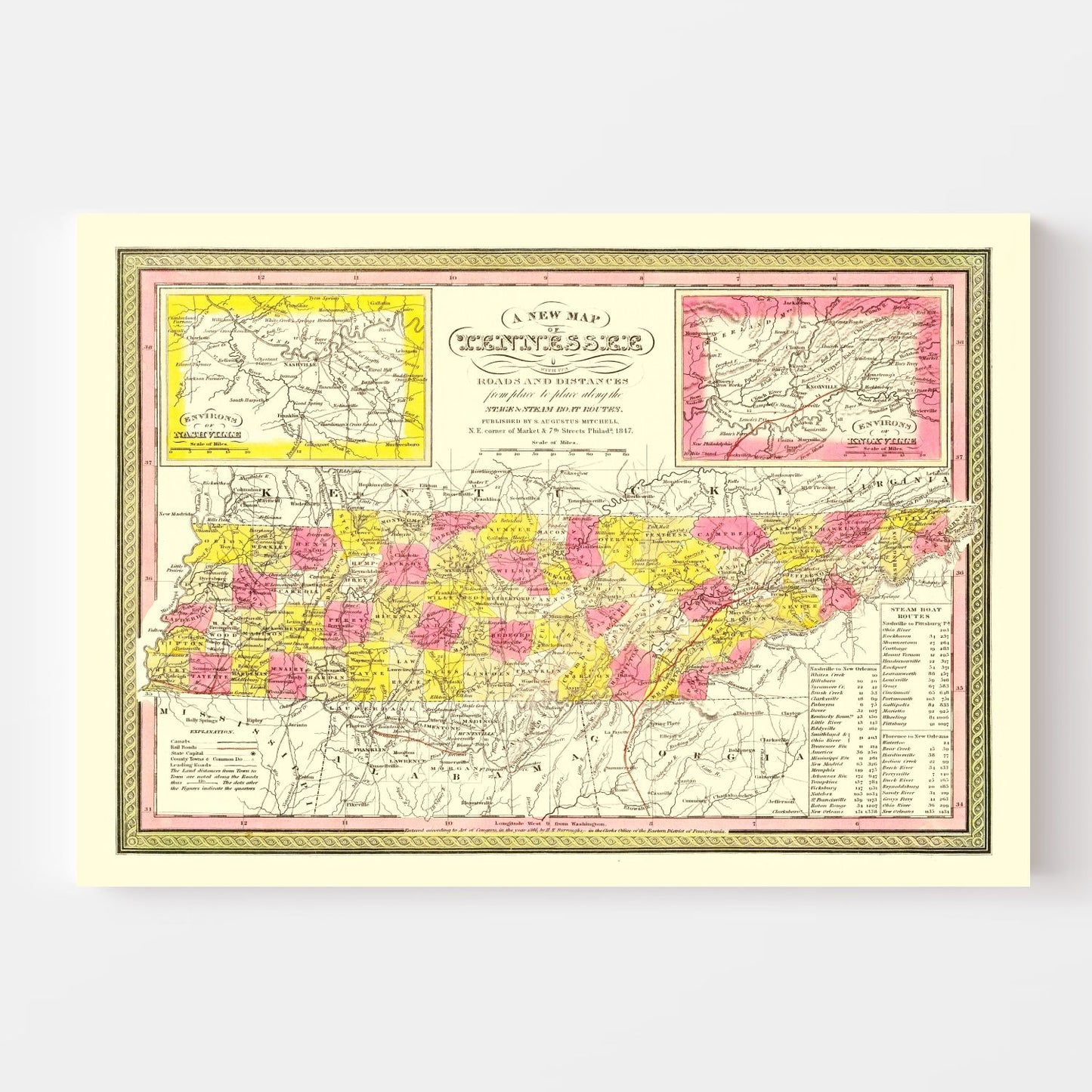 Vintage Map of Tennessee, 1847