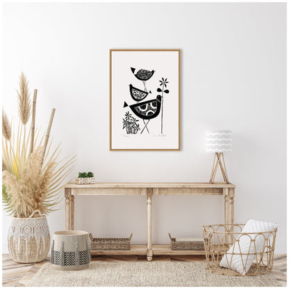 Folk Bird Family Trio Linocut Framed Canvas Wall Art