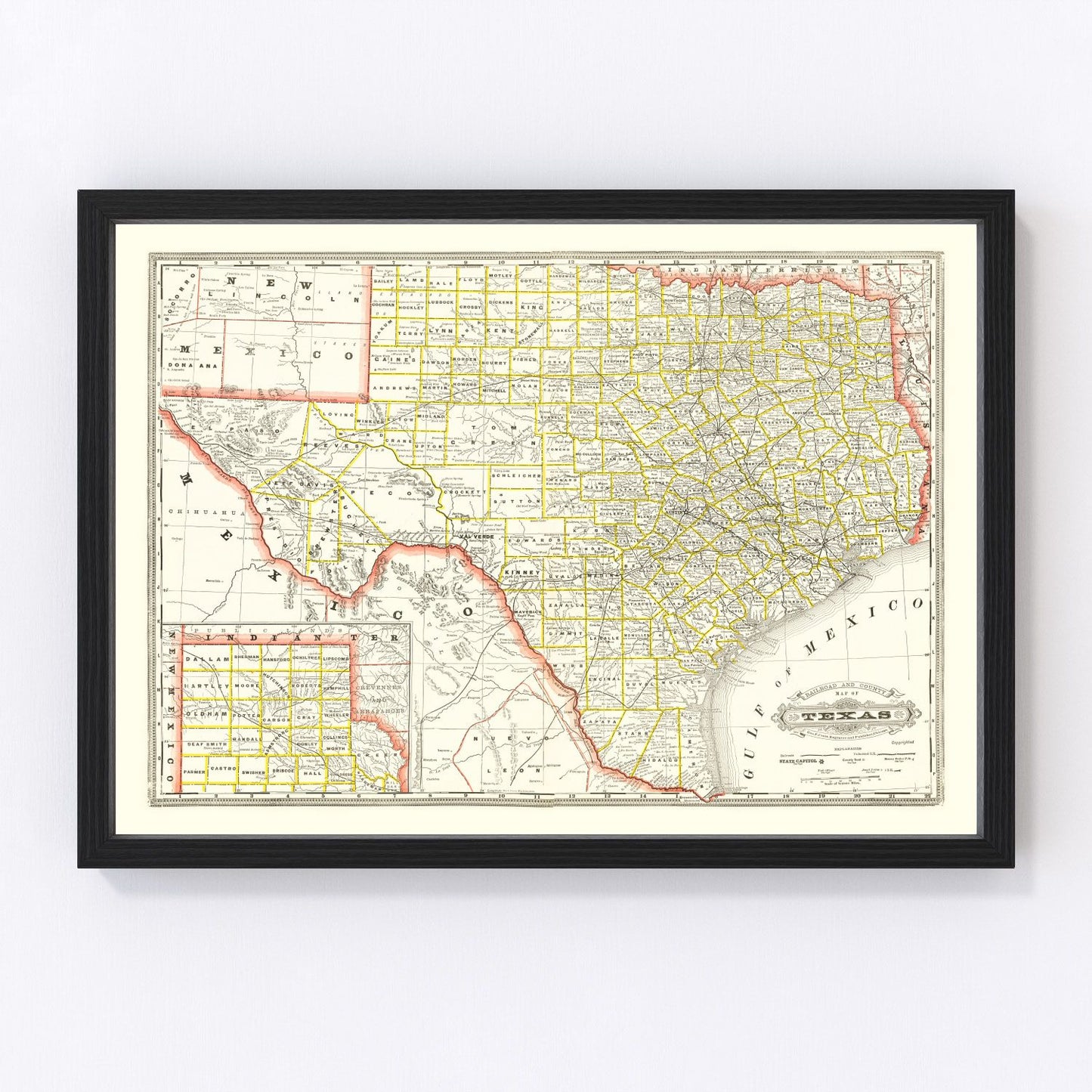 Vintage 1888 railroad map of Texas during cattle and expansion era, restored cartographic print