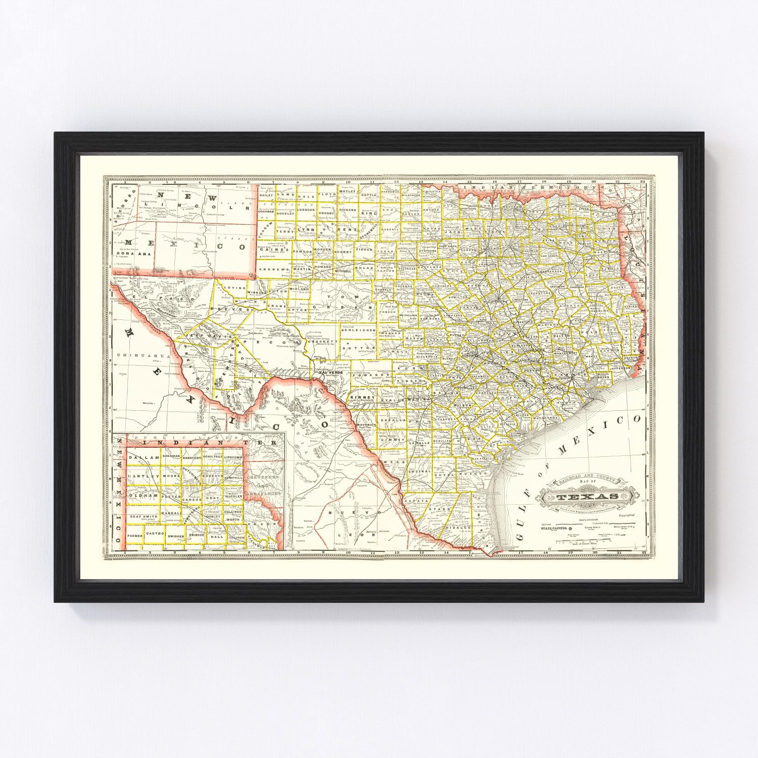 Vintage 1888 railroad map of Texas during cattle and expansion era, restored cartographic print