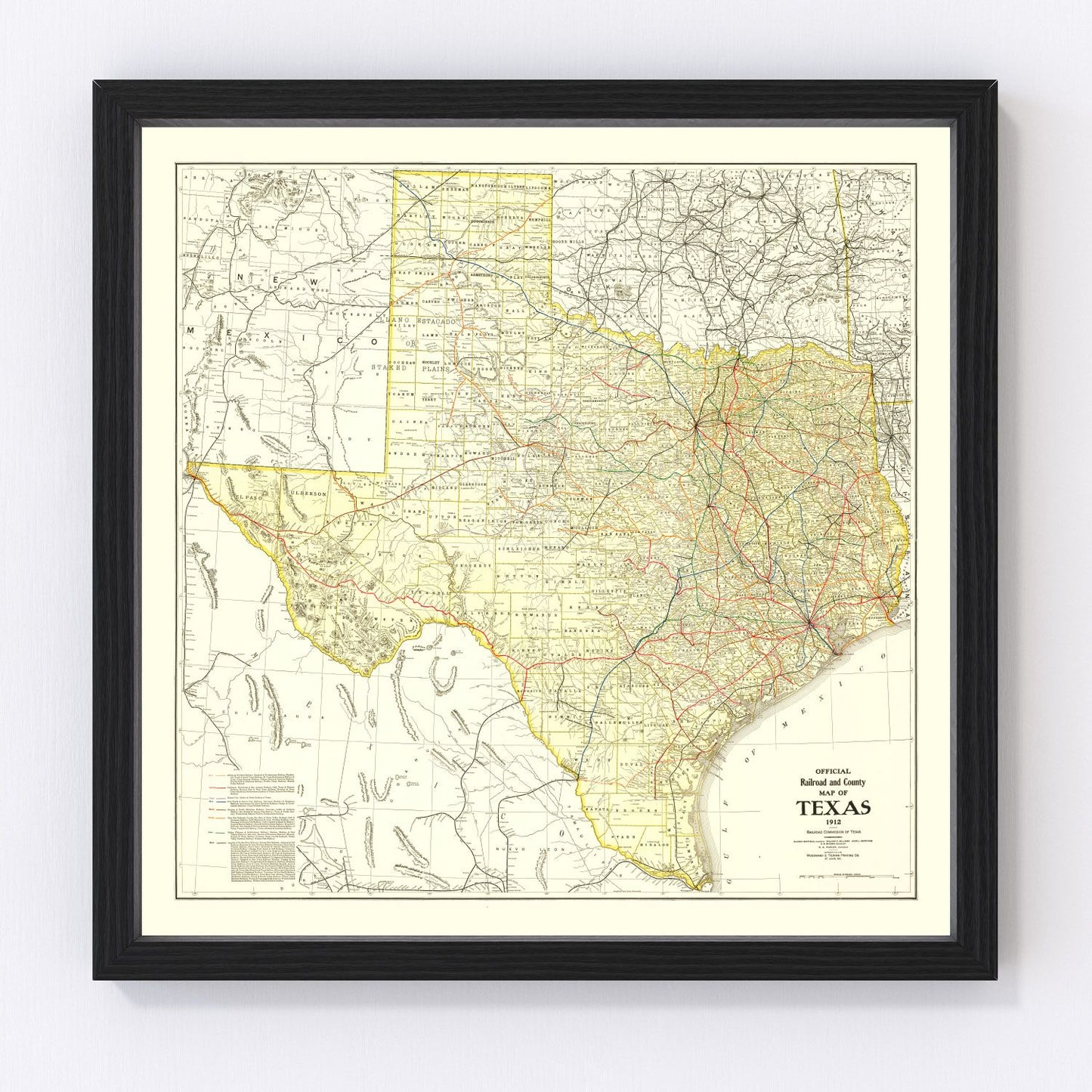 Vintage 1912 railroad map of Texas showing state rail network and counties, restored print