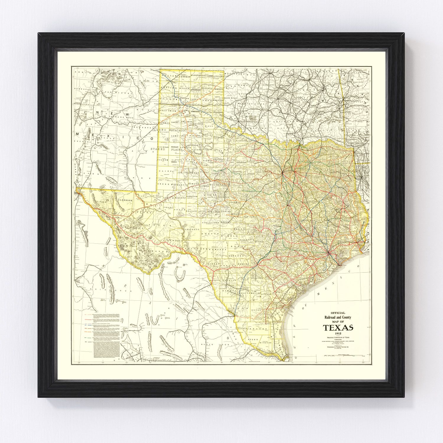 Vintage 1912 railroad map of Texas showing state rail network and counties, restored print
