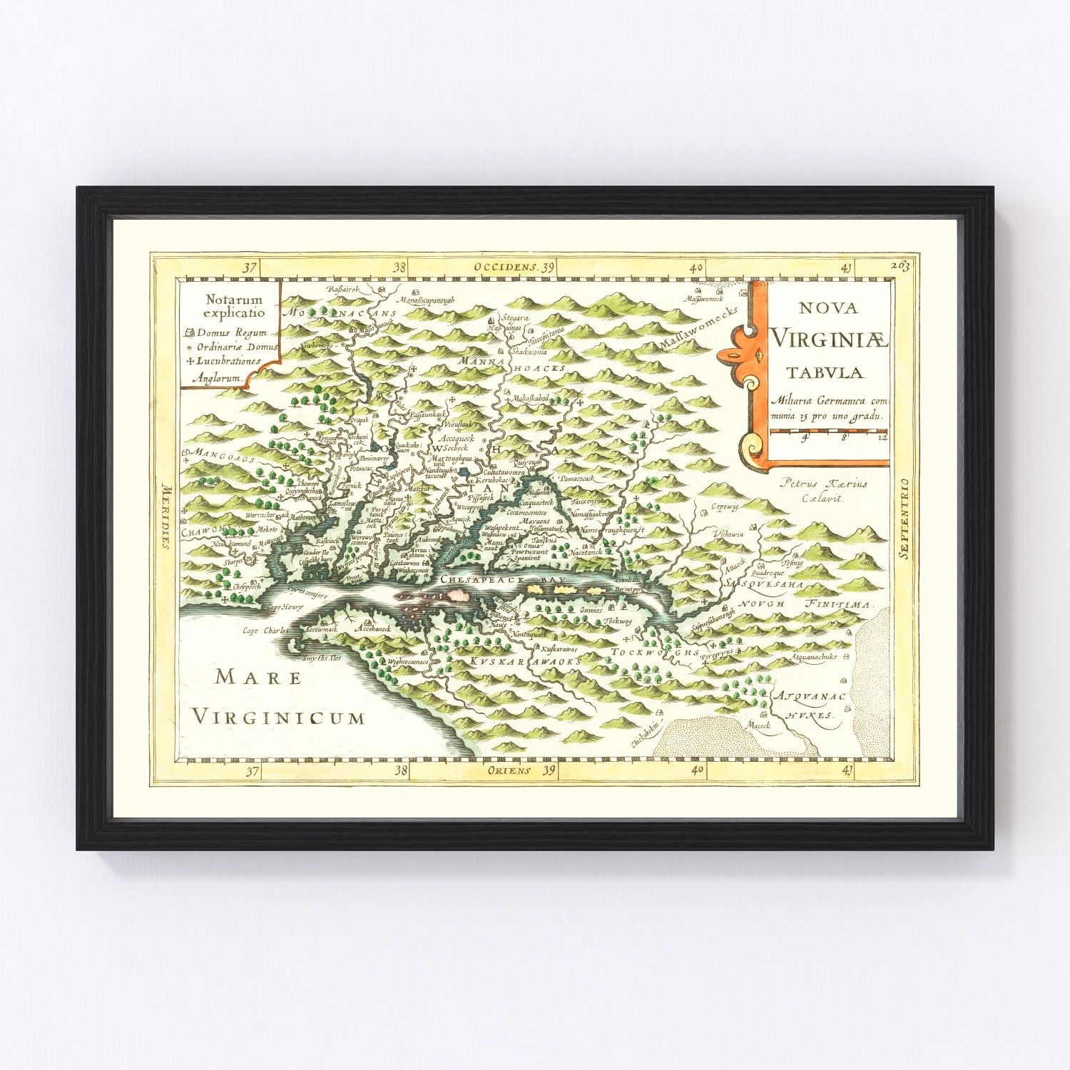 Vintage map of Virginia, 1630, earliest colonial era, digitally restored