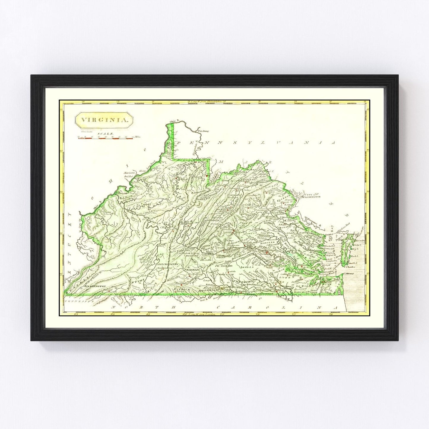 Vintage map of Virginia, 1804, early American Republic, digitally restored
