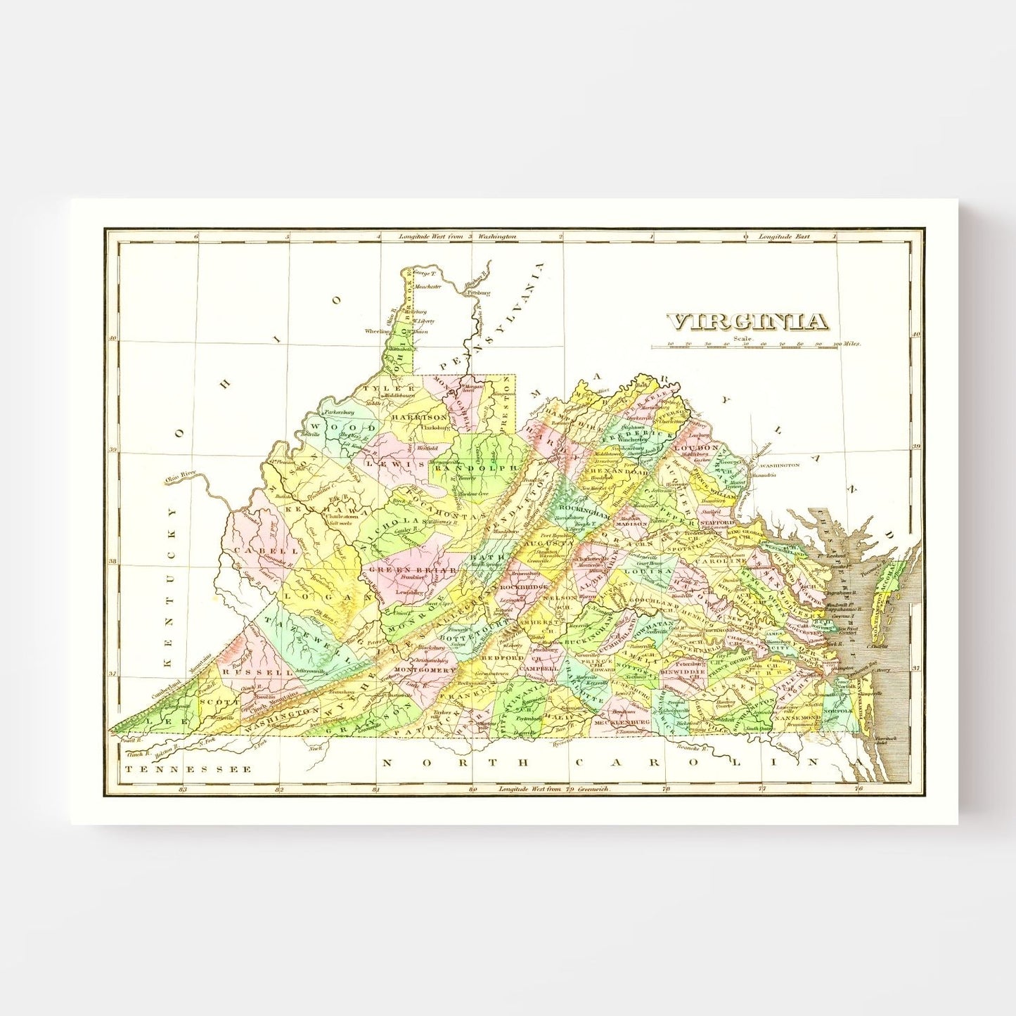 Vintage Map of Virginia, 1824 Wall Art