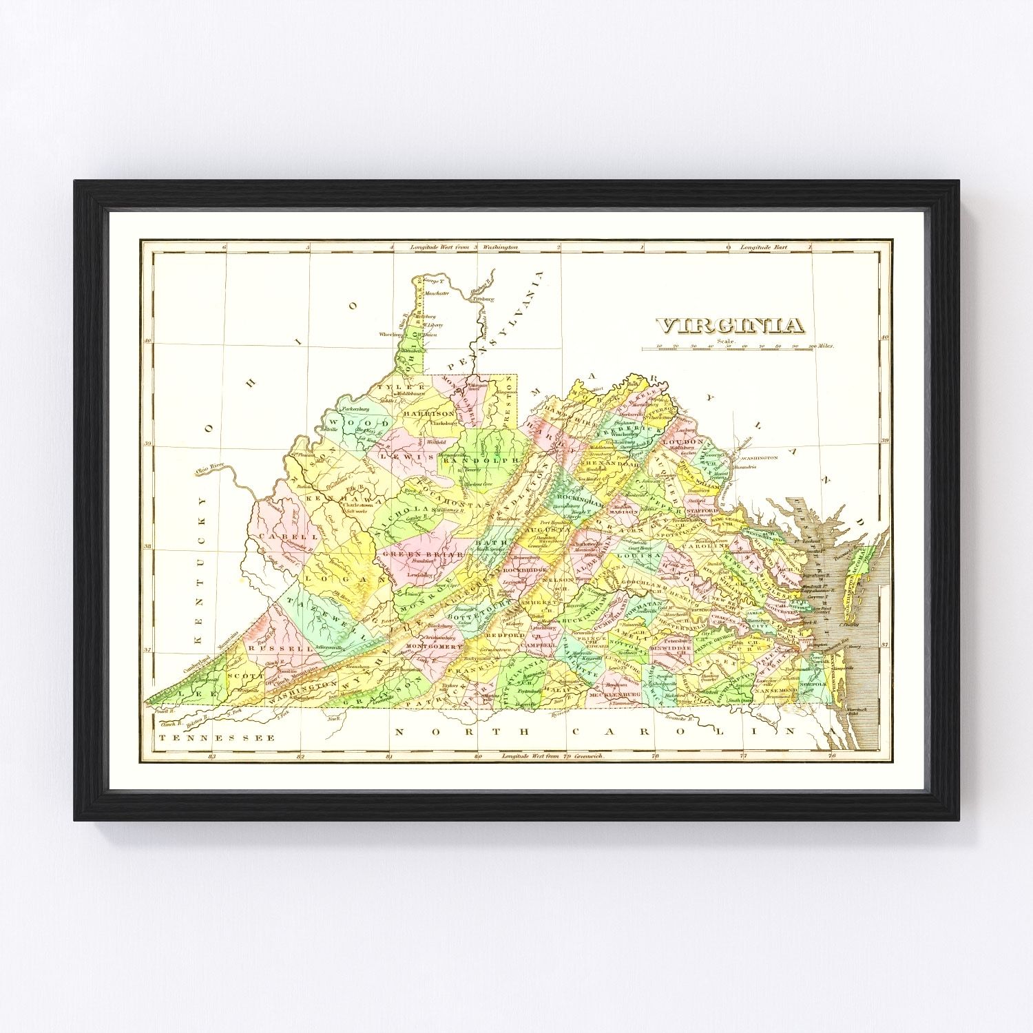 Vintage map of Virginia, 1824, early Republic, digitally restored