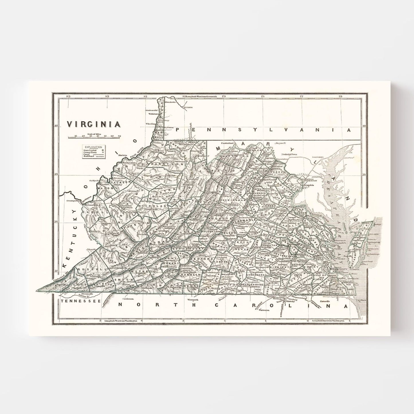 Vintage Map of Virginia, 1842 Wall Art