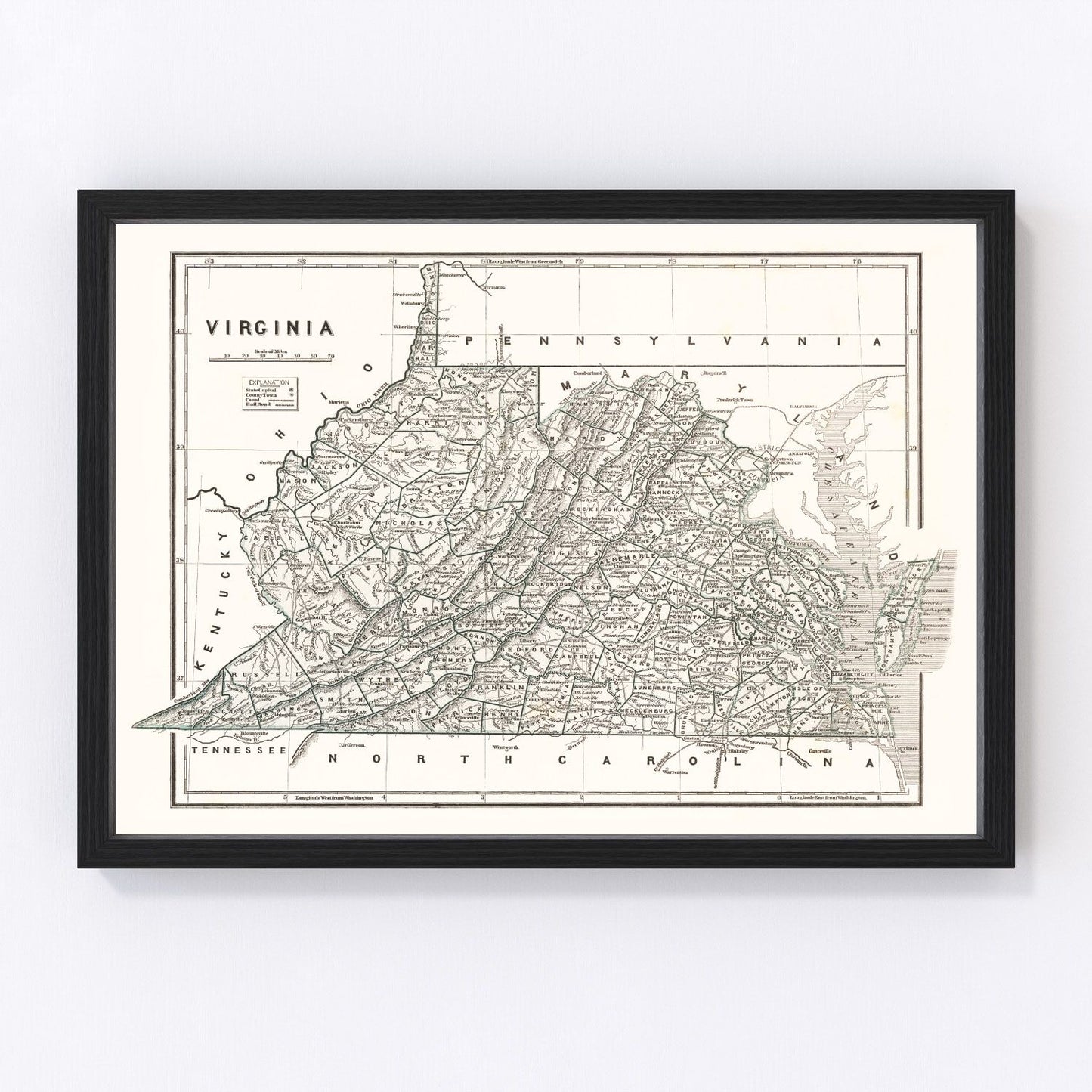 Vintage map of Virginia, 1842, digitally restored wall art