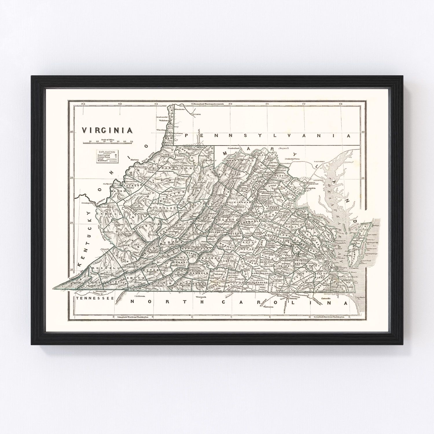 Vintage map of Virginia, 1842, digitally restored wall art