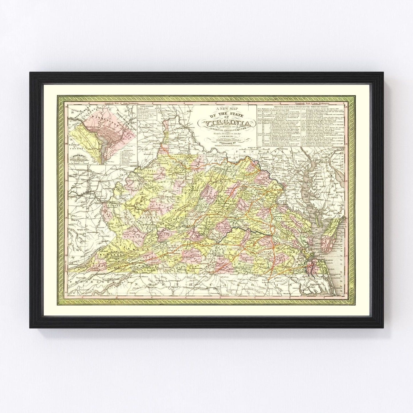Vintage map of Virginia, 1854, antebellum era, digitally restored