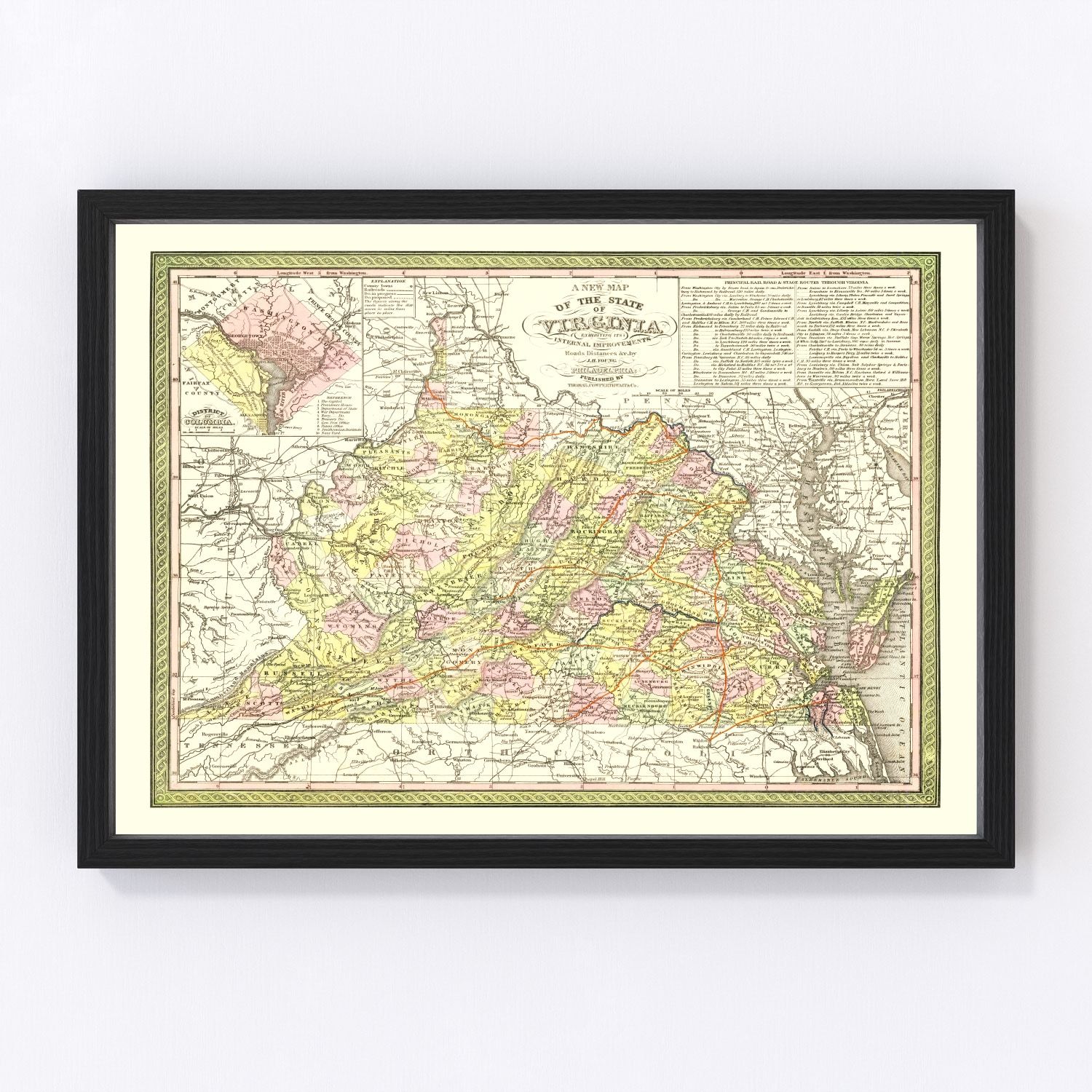 Vintage map of Virginia, 1854, antebellum era, digitally restored