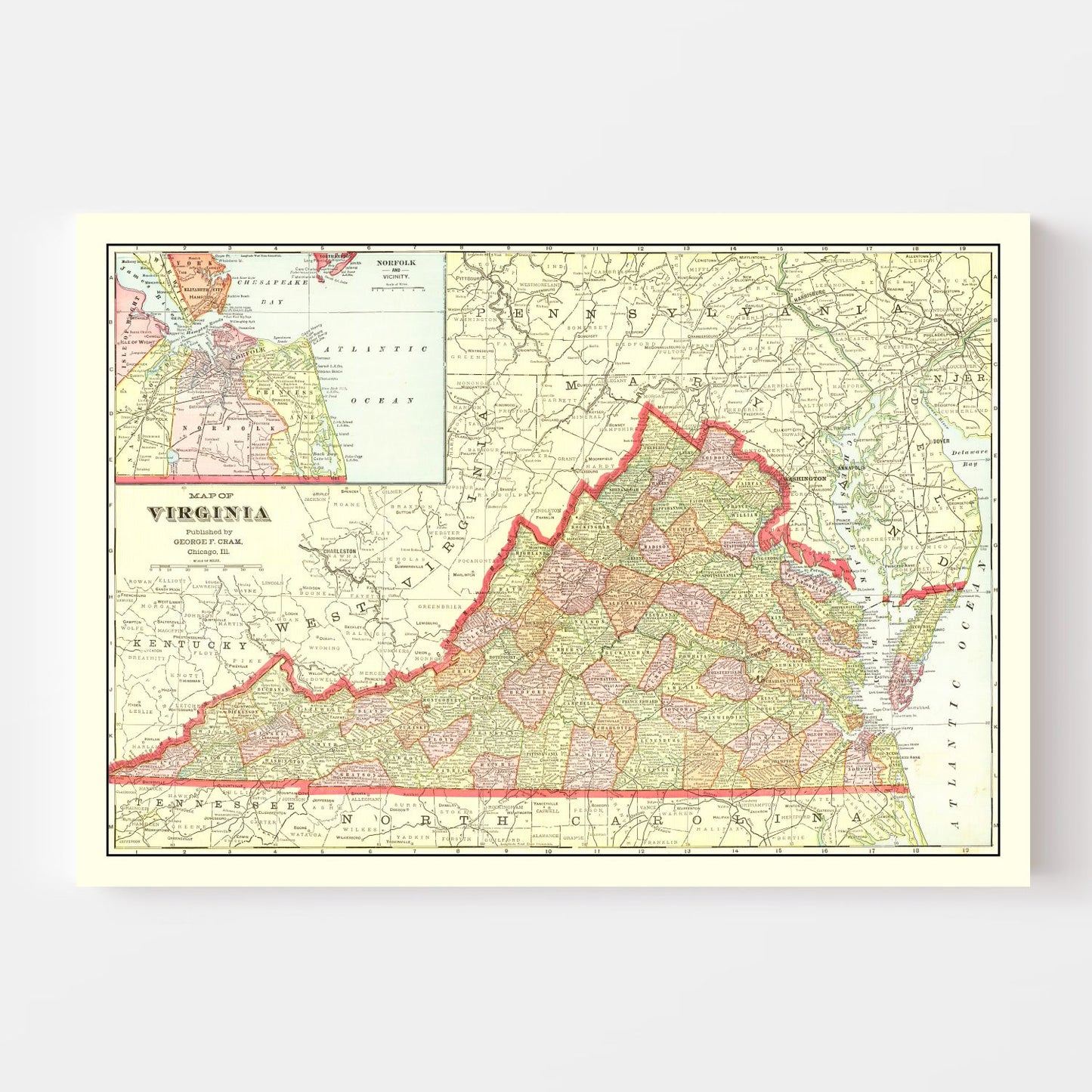 Vintage Map of Virginia, 1908