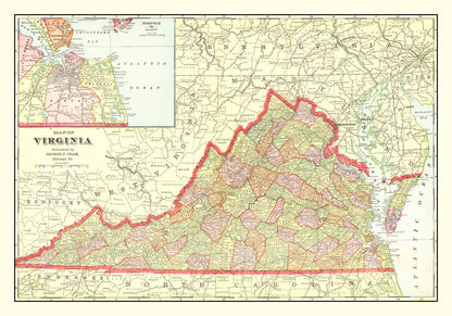 Vintage Map of Virginia, 1908