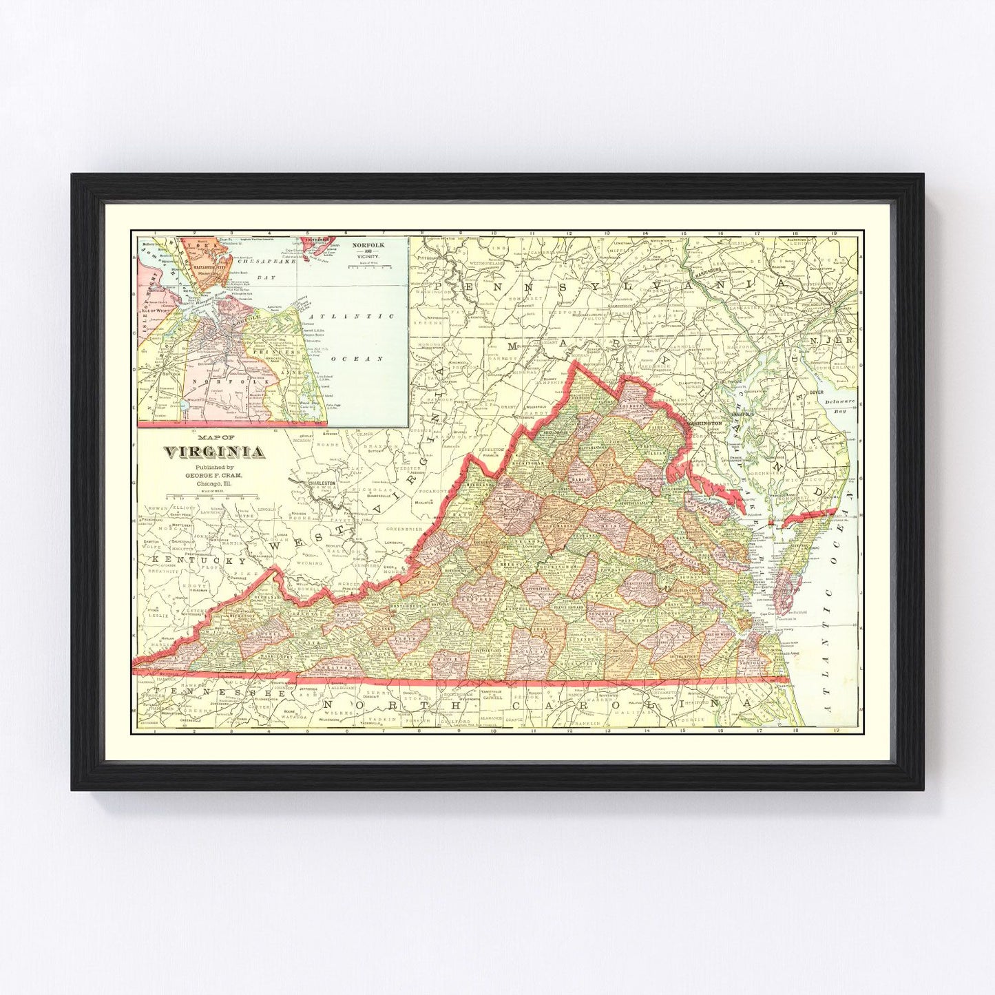 Vintage map of Virginia, 1908, digitally restored