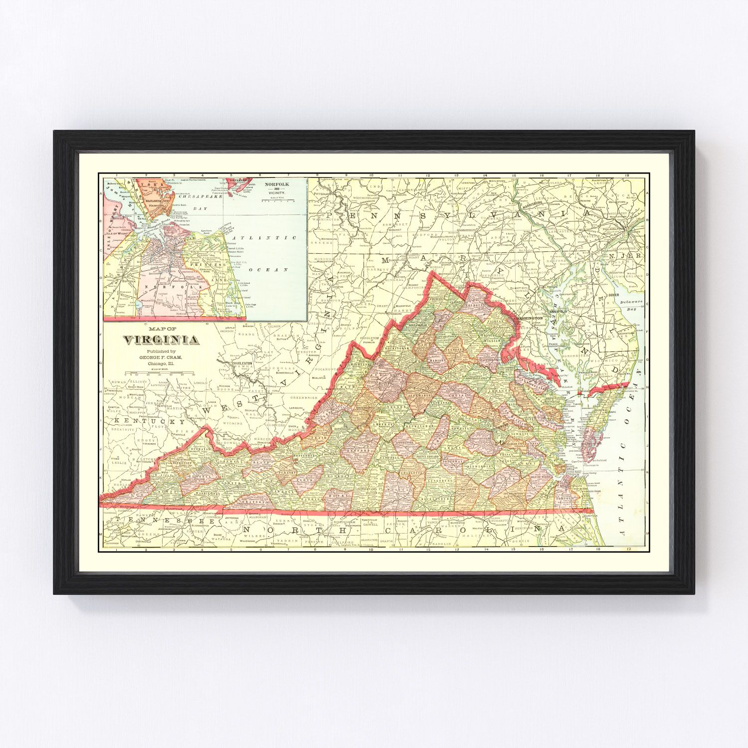 Vintage map of Virginia, 1908, digitally restored