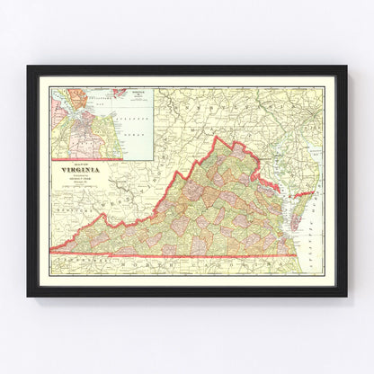 Vintage map of Virginia, 1908, digitally restored