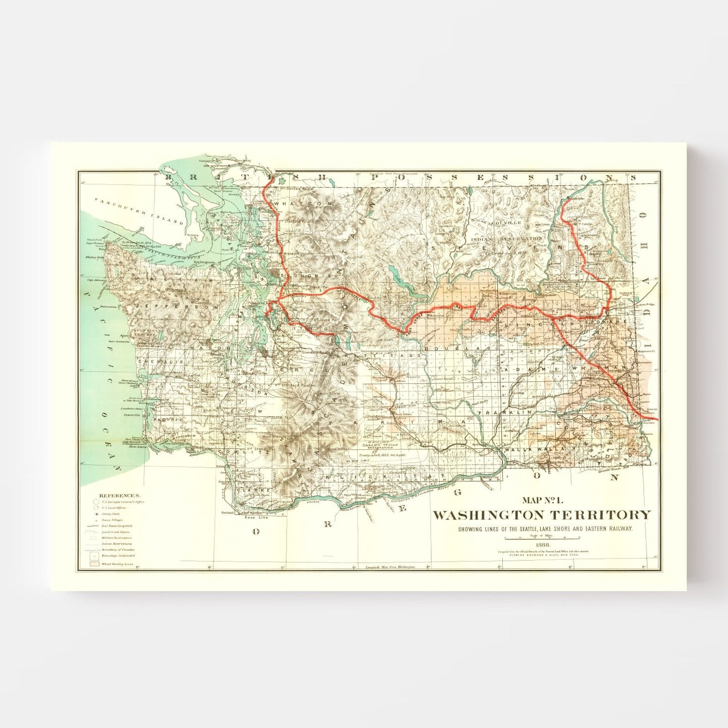 Vintage Map of Washington Territory, 1888
