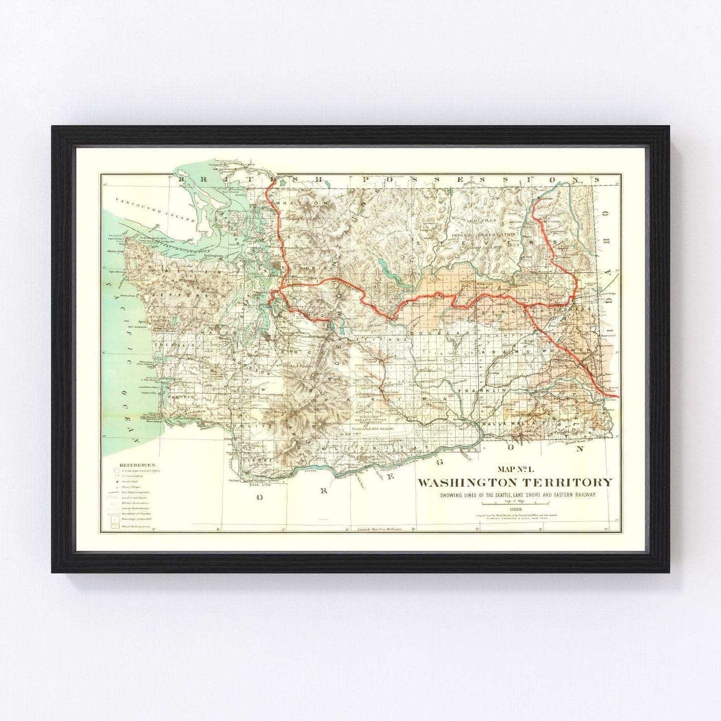 Vintage map of Washington Territory, 1888, Pacific Northwest pre-statehood, digitally restored
