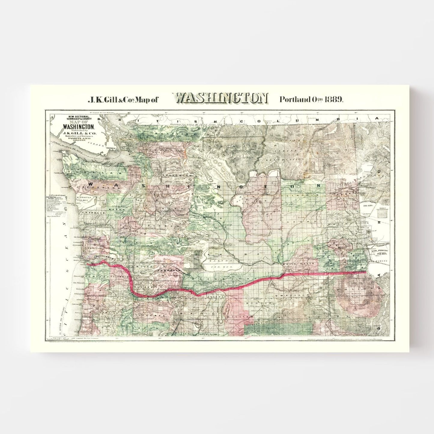 Vintage Map of Washington State, 1889