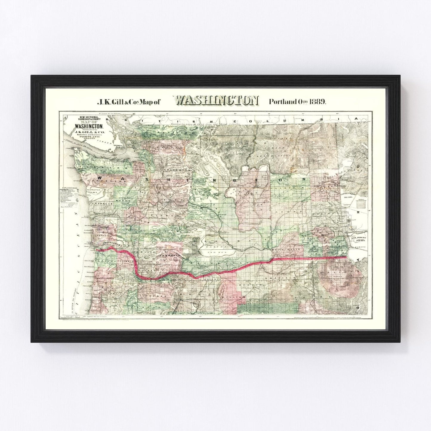 Vintage map of Washington State, 1889, the year of statehood, showing early county boundaries