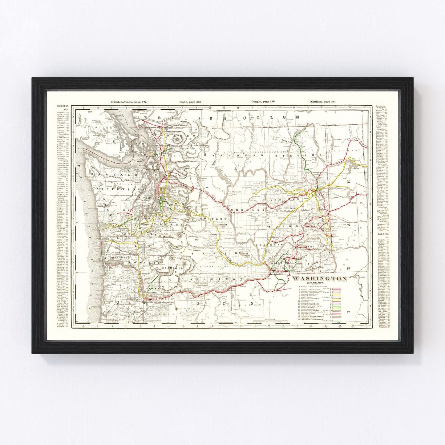 Vintage map of Washington State, 1895, showing Pacific Northwest six years after statehood