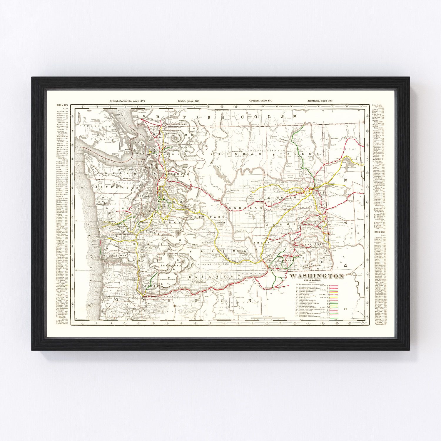 Vintage map of Washington State, 1895, showing Pacific Northwest six years after statehood