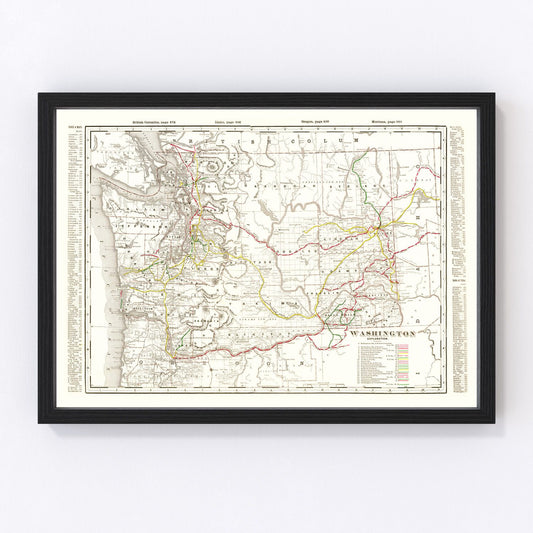 Vintage map of Washington State, 1895, showing Pacific Northwest six years after statehood