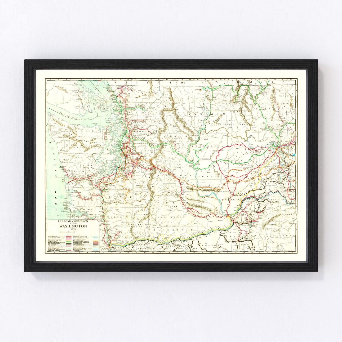 Vintage 1910 railroad map of Washington state from the Progressive Era, restored cartographic print