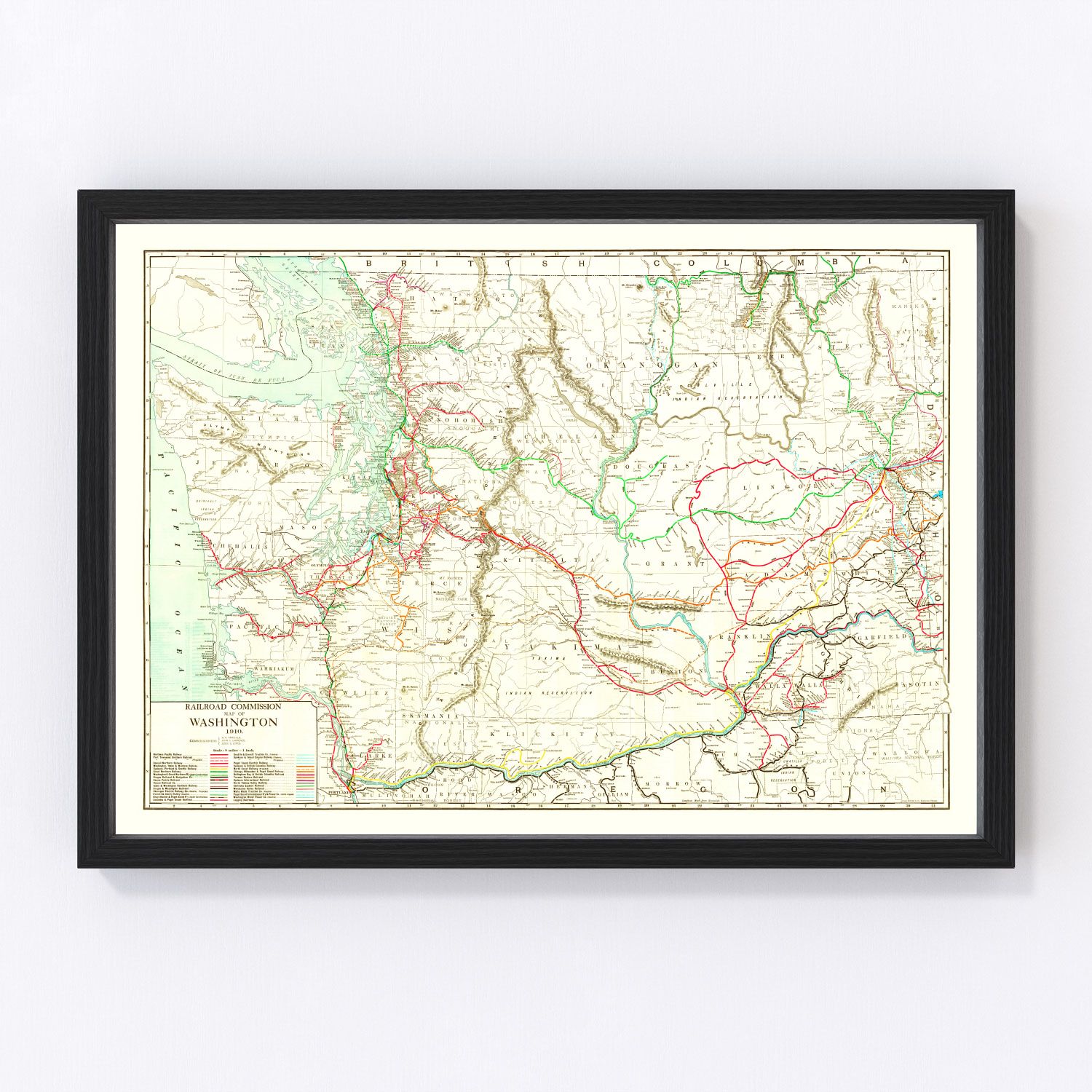 Vintage 1910 railroad map of Washington state from the Progressive Era, restored cartographic print